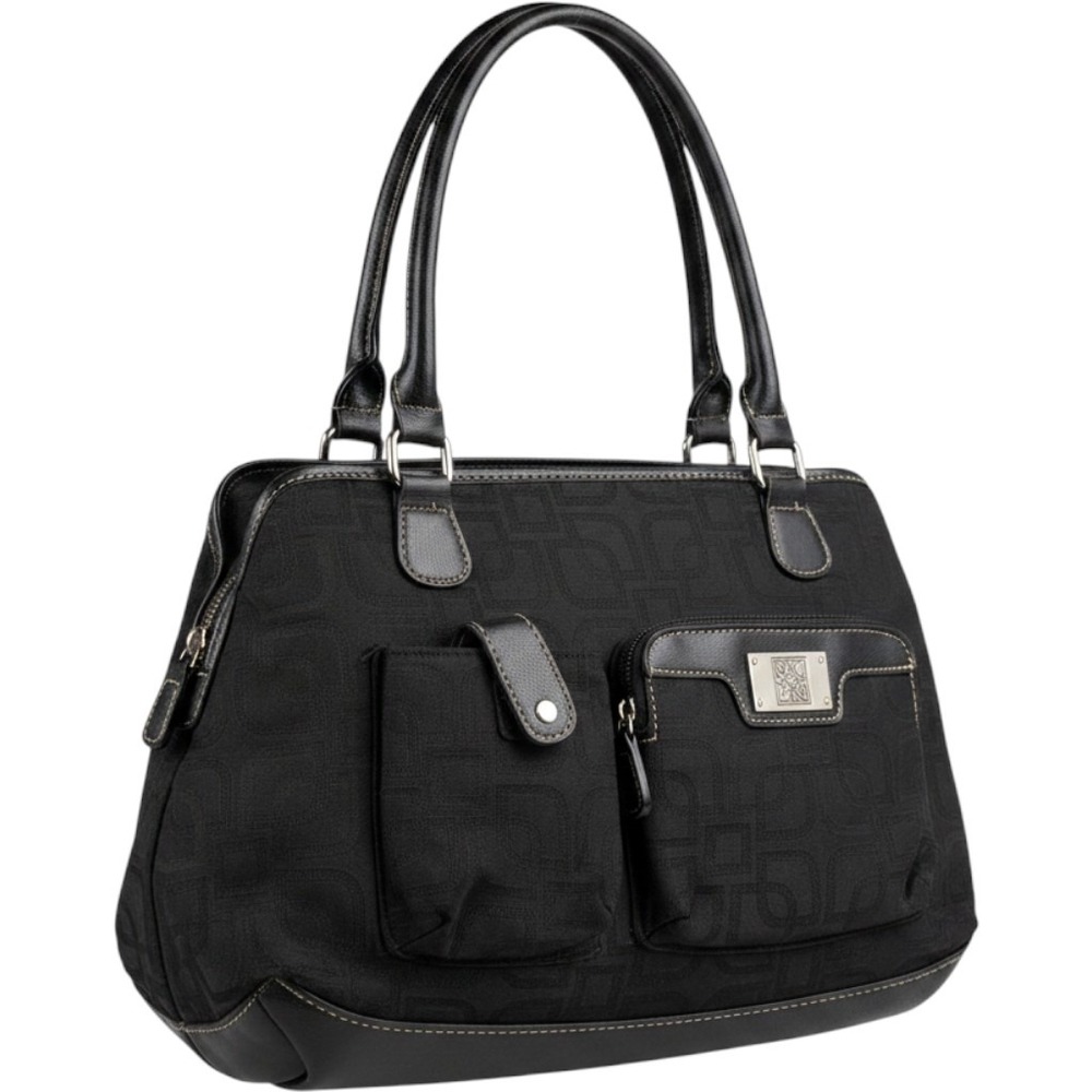 Liz Claiborne Black Jacquard Shoulder Bag Geometric Logo Faux Leather Satchel‎